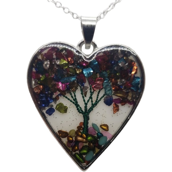 Multicolored Quartz Gemstone Tree of Life Necklace on Silver Metal Chain NEW - Picture 2 of 12